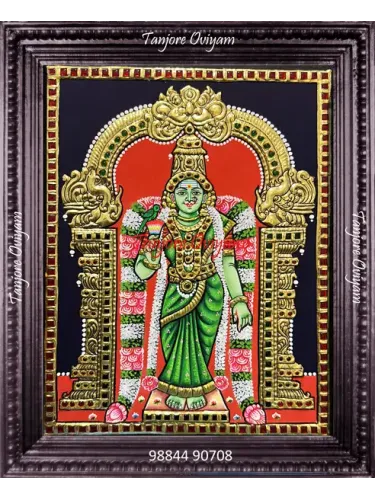Goddess Madurai Meenakshi Tanjore painting standing parrot gold foil traditional temple artwork